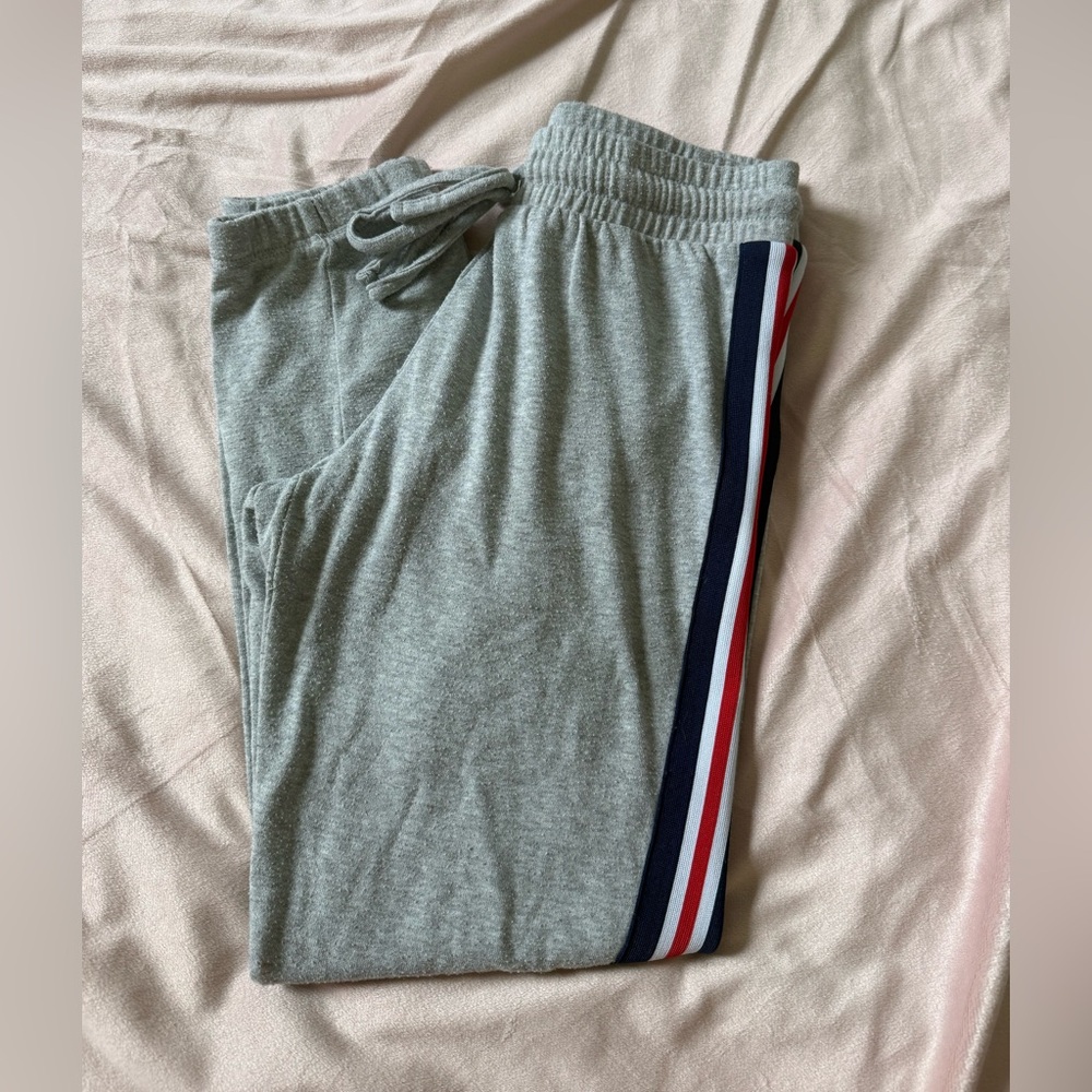 Stylish Gray Joggers with Red and Blue Stripes